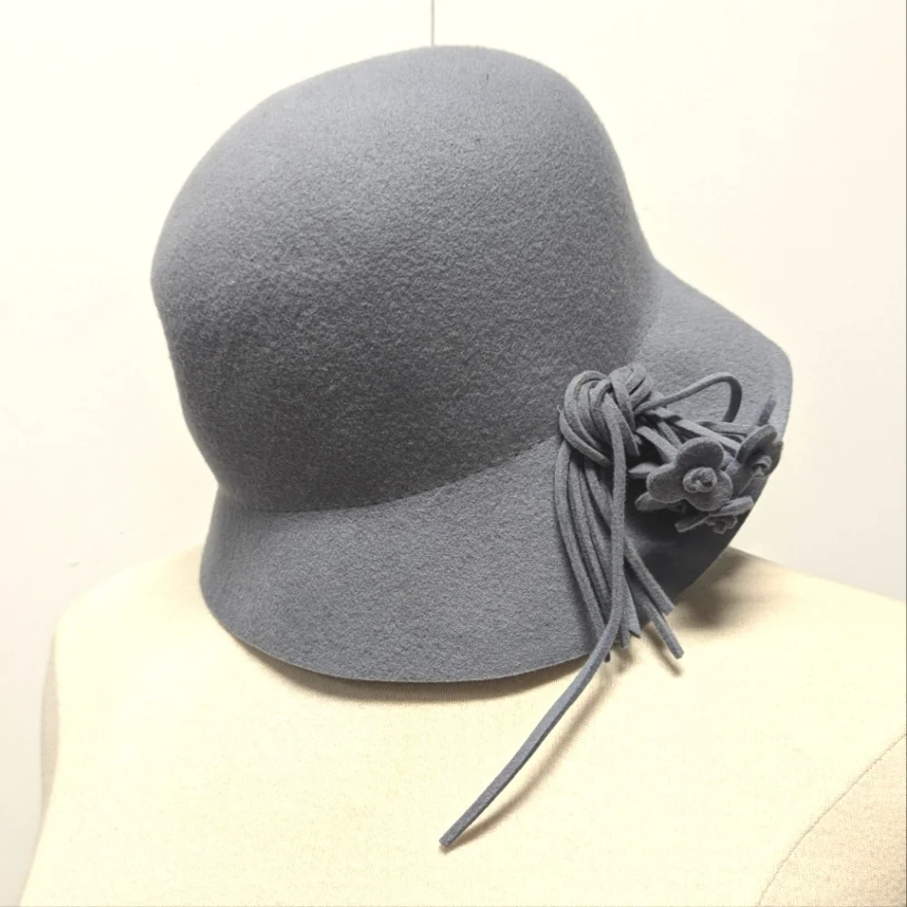 Wool Felt Cloche Hat in Periwinkle Blue Flower on Stem Detail Winter Retro